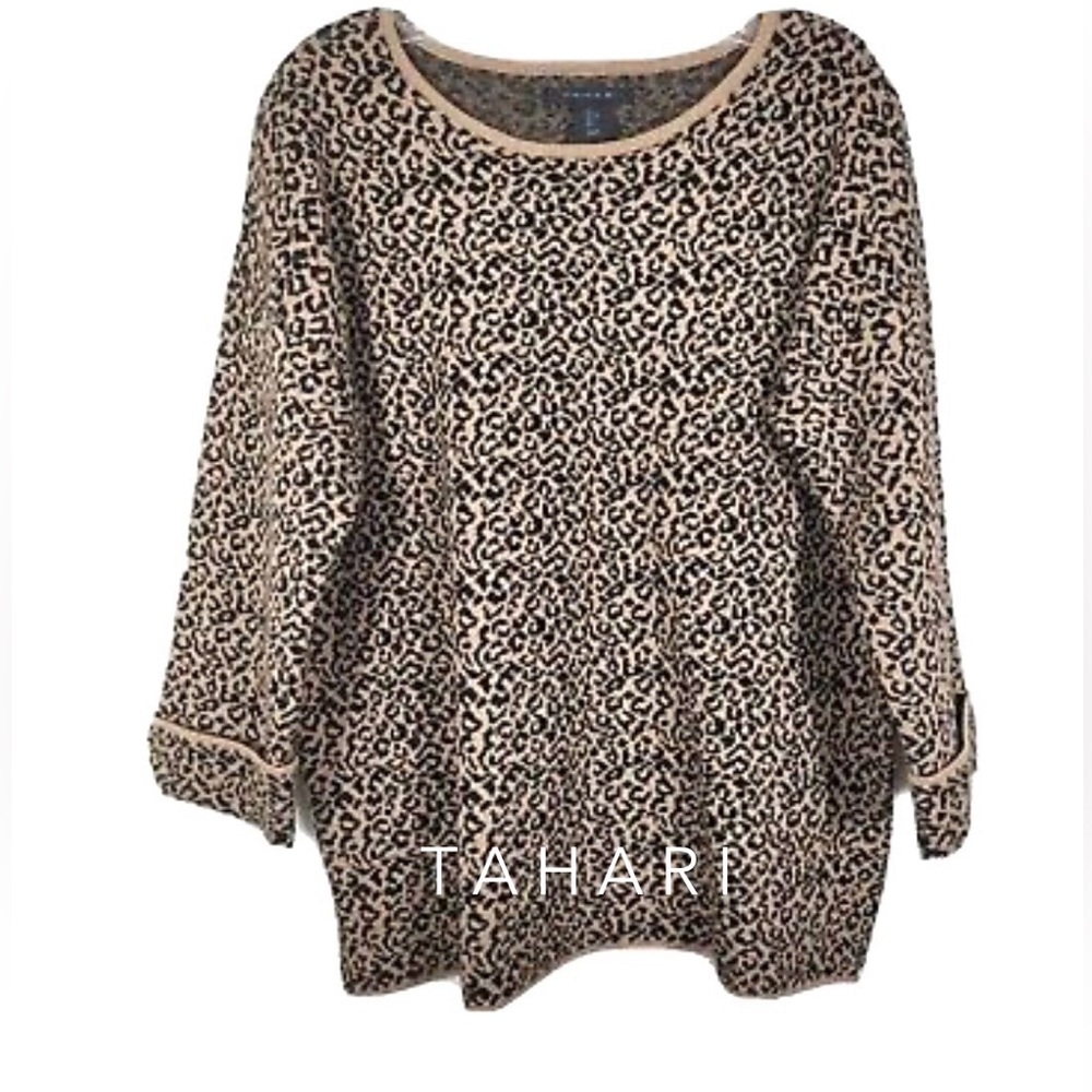 Tahari Leopard 3/4 Sleeve Scoop Neck Sweater XL